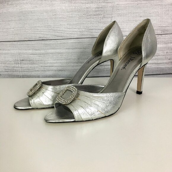 J. Renee Heels Y2K Metallic Peep Toe Heels 9.5 Silver HOCO Cocktail Formal 3.5" - Picture 1 of 12
